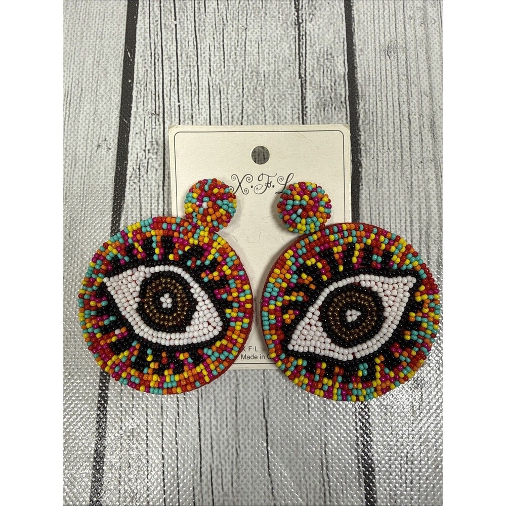Boho Beaded Evil Eye Statement Drop Earrings Multicolor Felt Backed Round Studs
